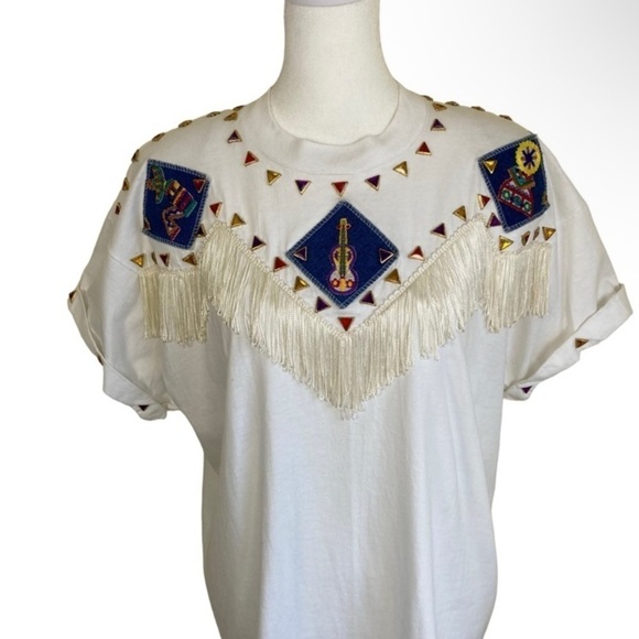 Vintage 90s Gepetto Western Fringe Bejeweled T-Shirt White Single Stitch Sz L - Picture 3 of 16
